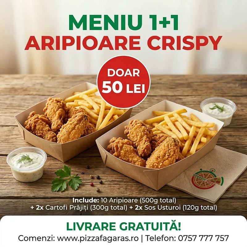 1 + 1 Aripioare Pui +  2 Portii de Cartofi Prajiti + 2 Sosuri Usturoi