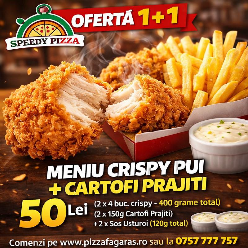 1 + 1 Crispy Pui + 2 Portii de Cartofi Prajiti + 2 Sosuri Usturoi